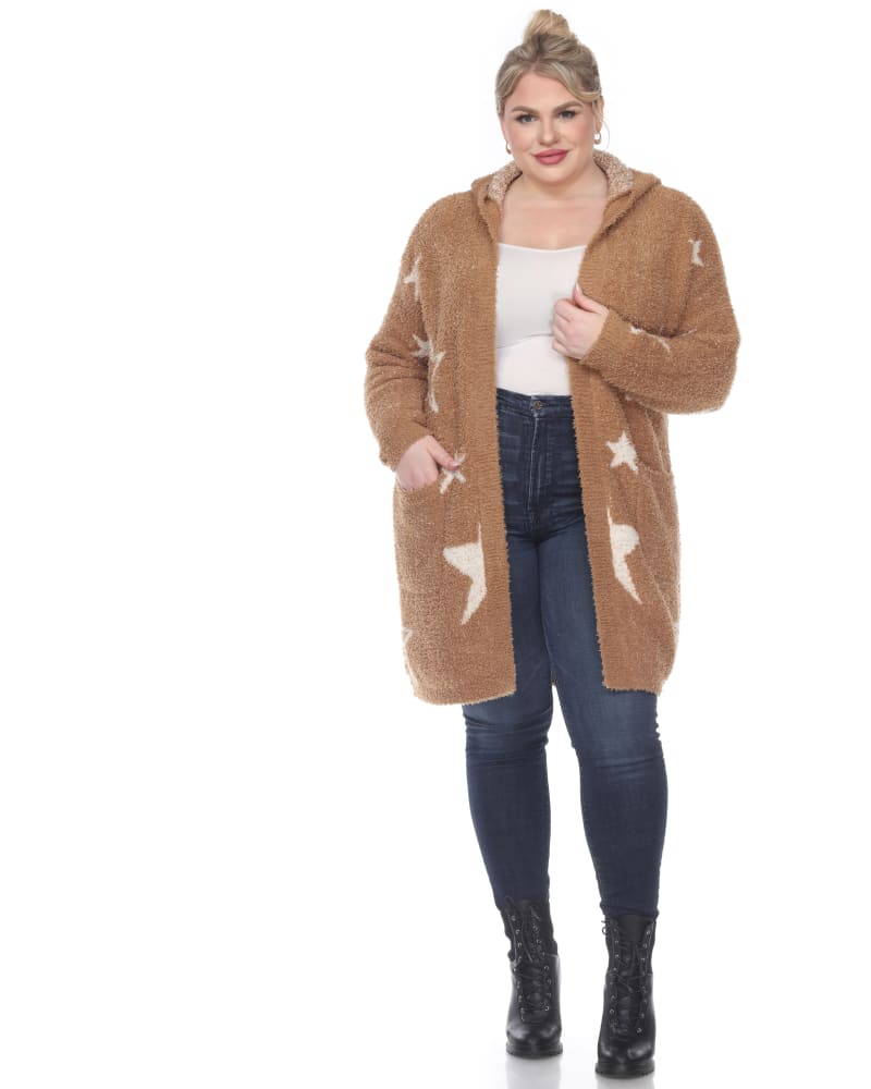 Front of a model wearing a size 2X/3X Hooded Open Front Sherpa Coat in Camel/White Stars by White Mark. | dia_product_style_image_id:247330
